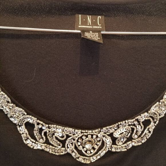 INC. Sequin Stone Beaded Dressy Top Black Long Sleeve Round Neck Women's Size S - Picture 11 of 12